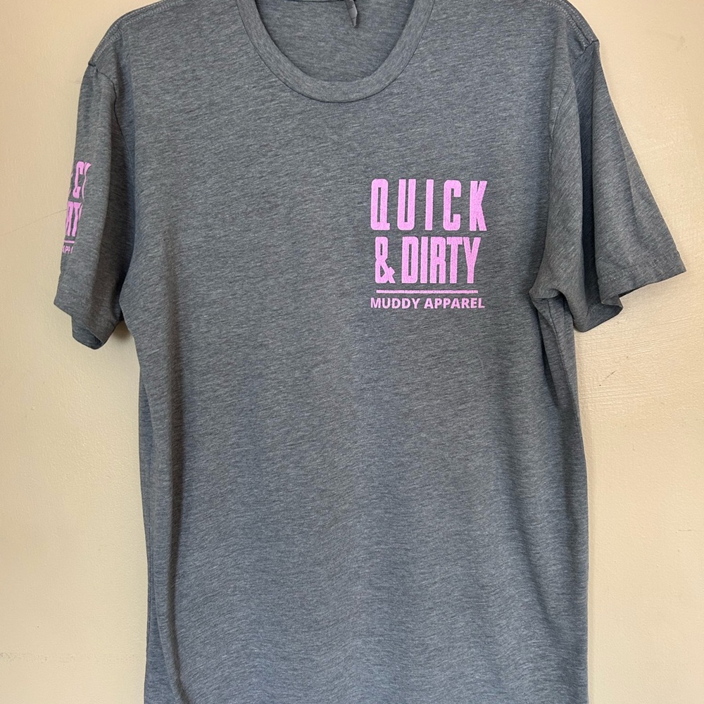 Quick & Dirty Women’s Gray Tee with Pink Logo